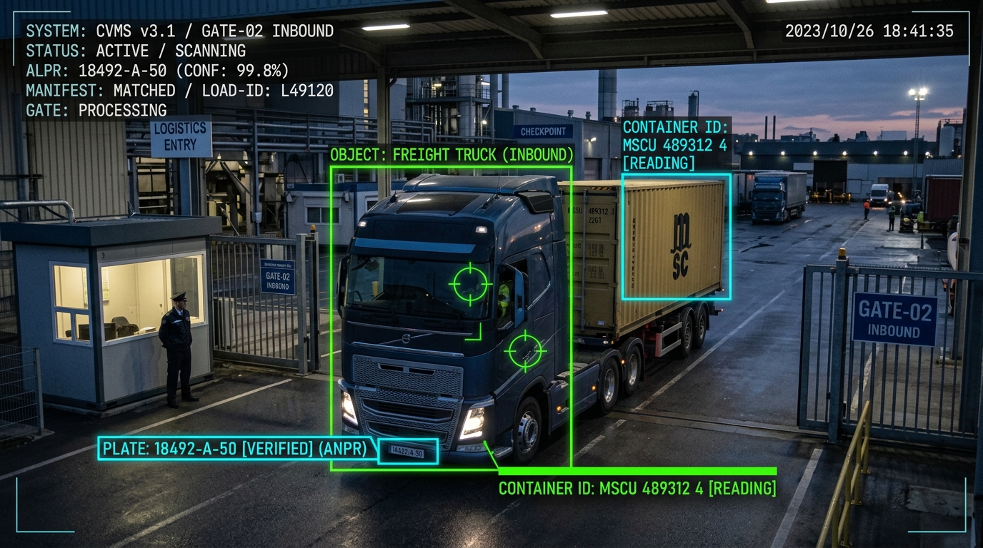 Freight truck entering an industrial checkpoint with visual recognition overlays